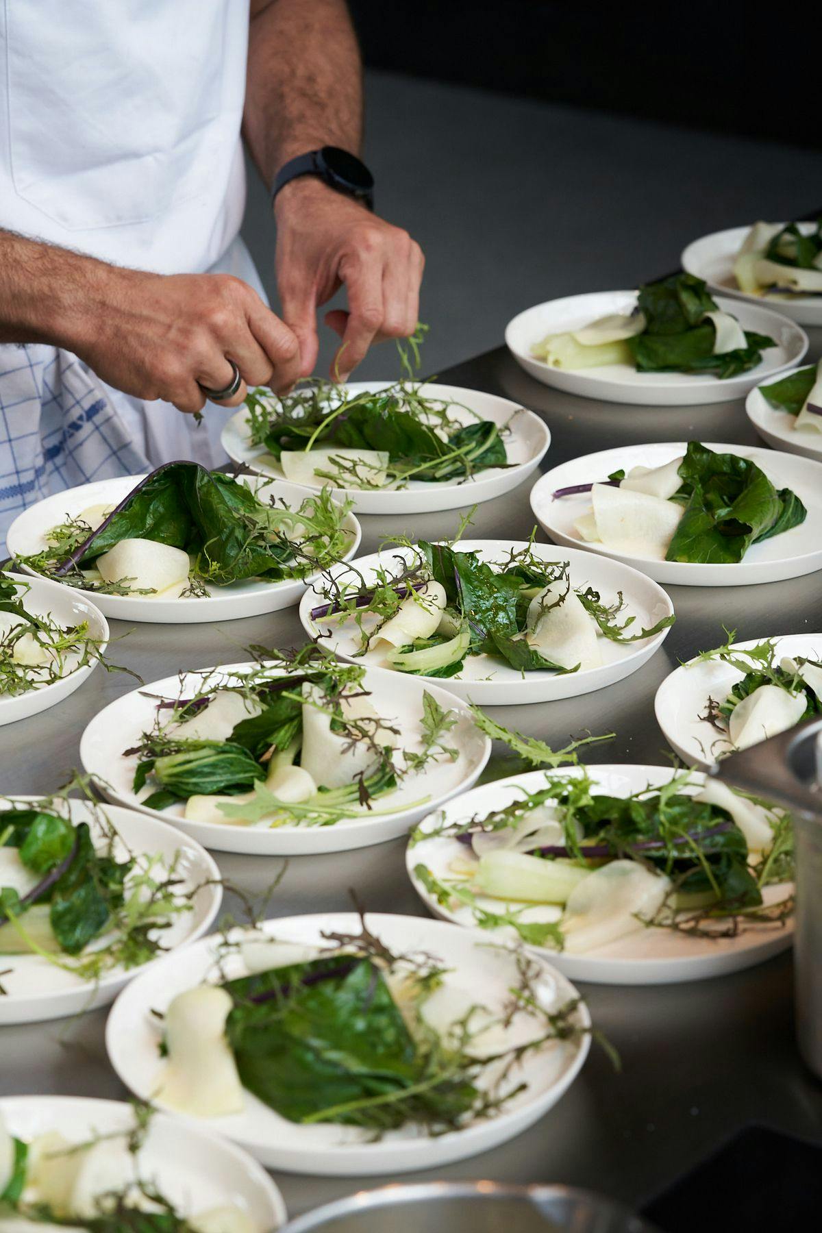 Chef in a white uniform preparing delicate dishes in the modern kitchen at Mogens Dahl Concert Hall. A minimalist and stylish environment with a focus on Nordic gastronomy and craftsmanship.