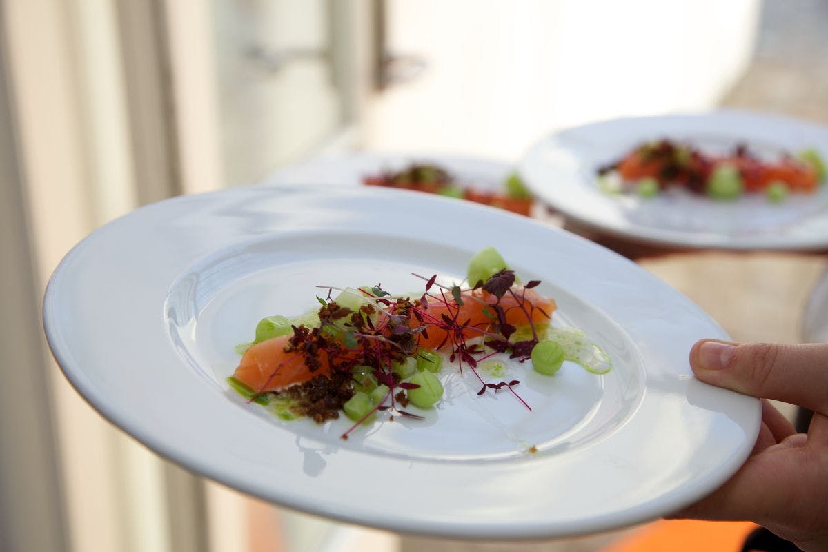 Close-up of hands carrying white plates with freshly decorated food, ready for serving at Mogens Dahl Concert Hall. Focus on the elegant presentation and quality of the dining experience.